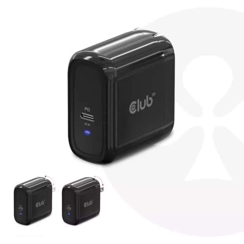 CLUB3D Travel Charger 65W GAN technologija, vienas prievadas USB Type-C, palaiko Power Delivery (PD) 3.0