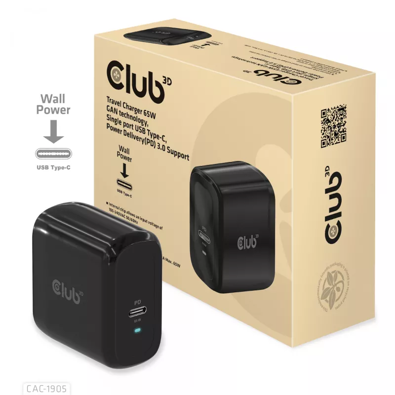 CLUB3D Travel Charger 65W GAN technologija, vienas prievadas USB Type-C, palaiko Power Delivery (PD) 3.0