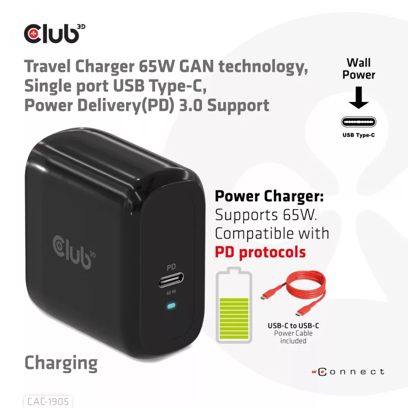 CLUB3D Travel Charger 65W GAN technologija, vienas prievadas USB Type-C, palaiko Power Delivery (PD) 3.0