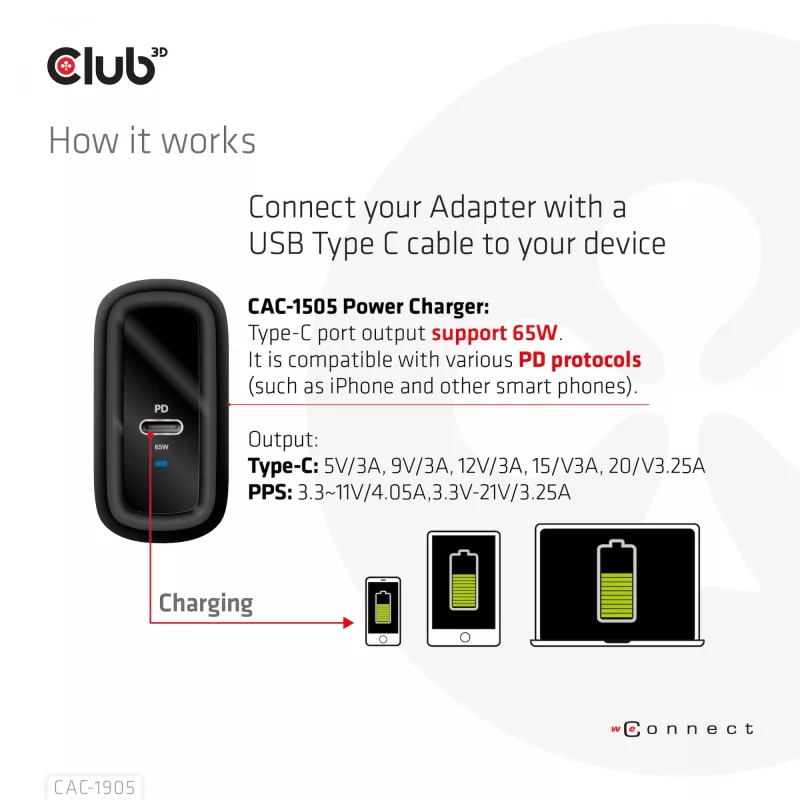 CLUB3D Travel Charger 65W GAN technologija, vienas prievadas USB Type-C, palaiko Power Delivery (PD) 3.0