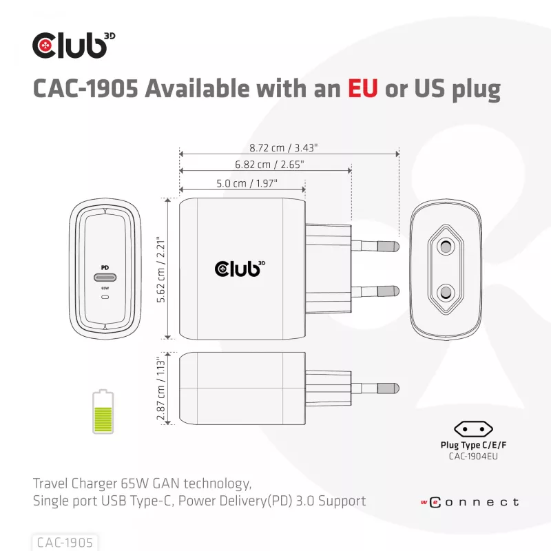 CLUB3D Travel Charger 65W GAN technologija, vienas prievadas USB Type-C, palaiko Power Delivery (PD) 3.0