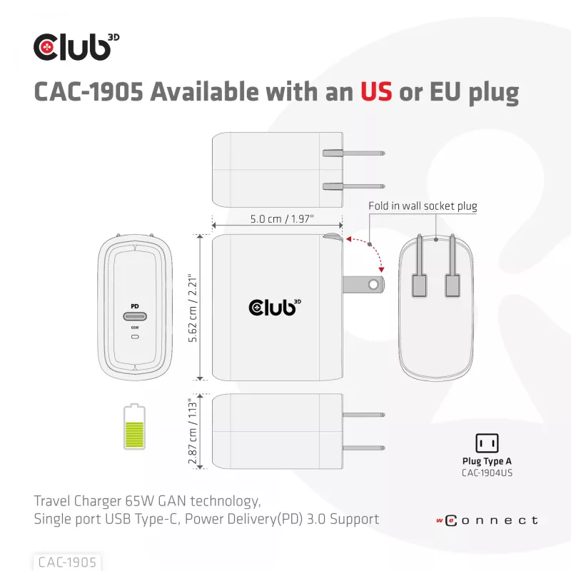 CLUB3D Travel Charger 65W GAN technologija, vienas prievadas USB Type-C, palaiko Power Delivery (PD) 3.0
