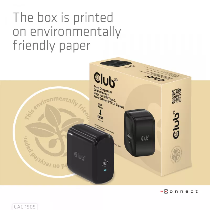 CLUB3D Travel Charger 65W GAN technologija, vienas prievadas USB Type-C, palaiko Power Delivery (PD) 3.0
