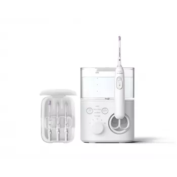 Burnos irigatorius „Philips Power Flosser 7000 HX3911/40“, maitinamas baterijomis, baltas, universalus kintamosios srovės įkroviklis
