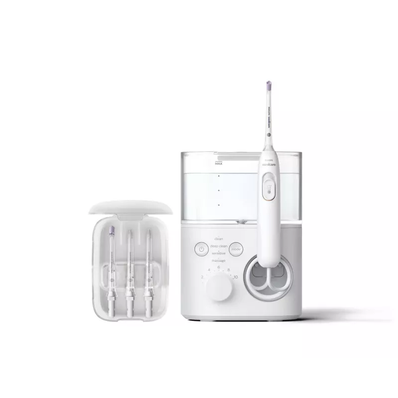 Burnos irigatorius „Philips Power Flosser 7000 HX3911/40“, maitinamas baterijomis, baltas, universalus kintamosios srovės įkroviklis