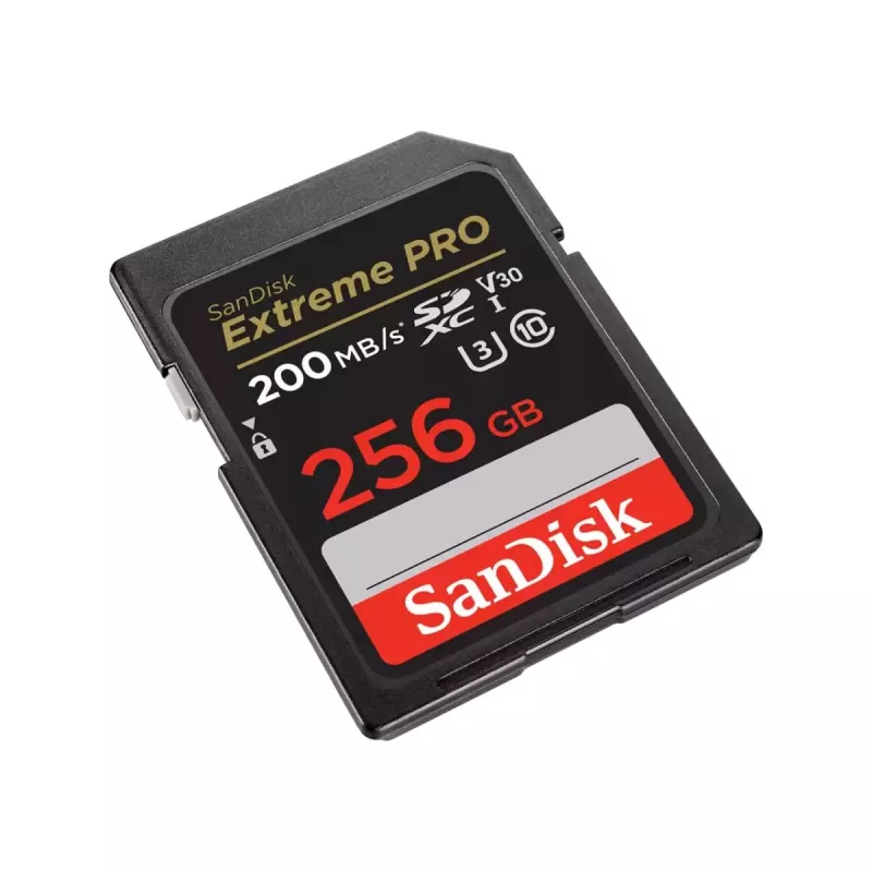 SDXC atminties kortelė SANDISK Extreme PRO 256 GB UHS‑I U3 V30 Class 10 — skaitymas 200 MB/s, rašymas iki 140 MB/s, atspari smūgiams