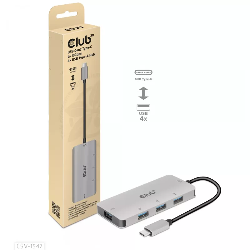 CLUB3D 4 prievadų USB-A šakotuvas USB-C – 10 Gbps spartus perdavimas