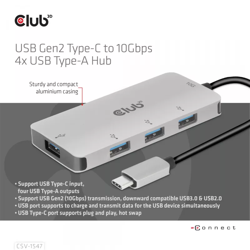 CLUB3D 4 prievadų USB-A šakotuvas USB-C – 10 Gbps spartus perdavimas