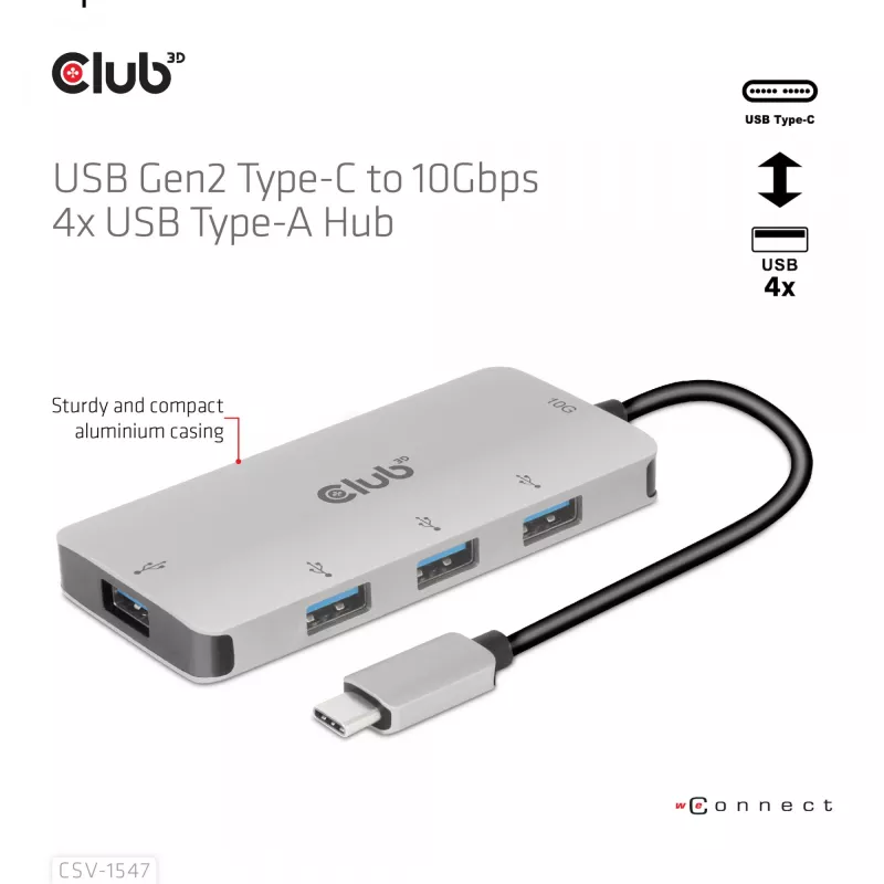 CLUB3D 4 prievadų USB-A šakotuvas USB-C – 10 Gbps spartus perdavimas