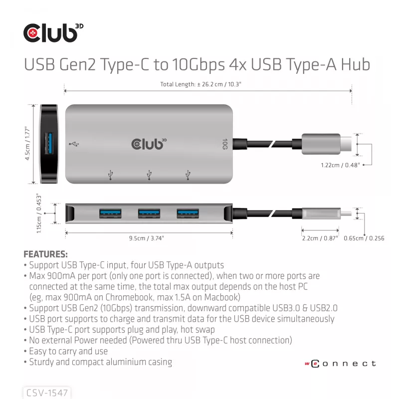 CLUB3D 4 prievadų USB-A šakotuvas USB-C – 10 Gbps spartus perdavimas