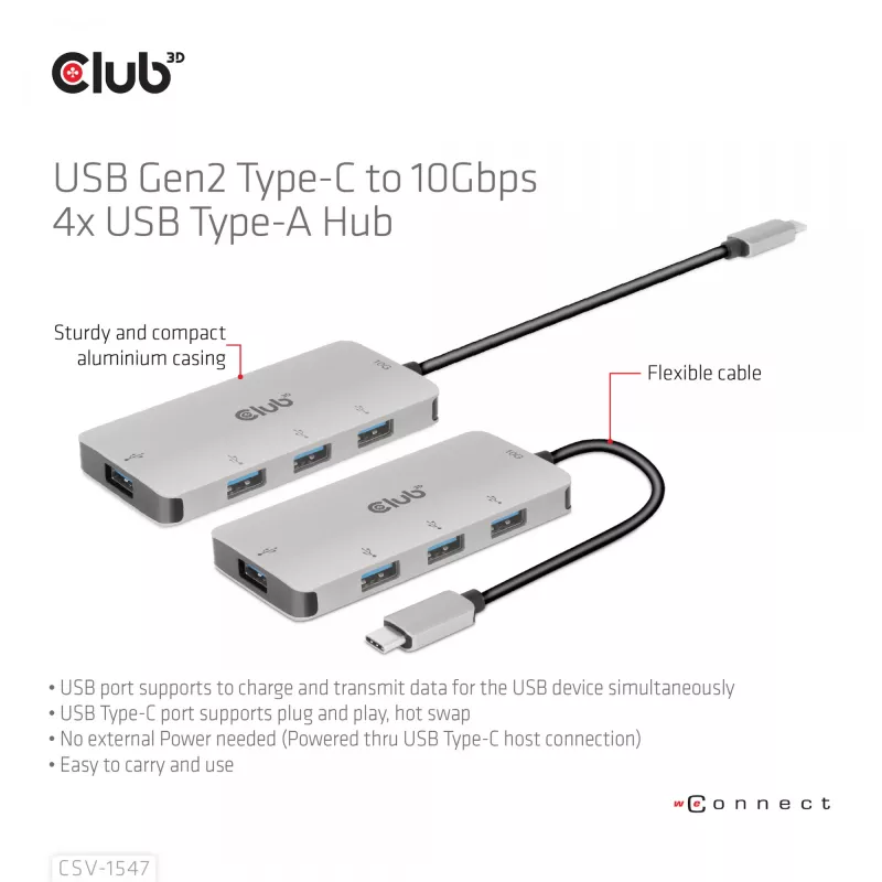 CLUB3D 4 prievadų USB-A šakotuvas USB-C – 10 Gbps spartus perdavimas