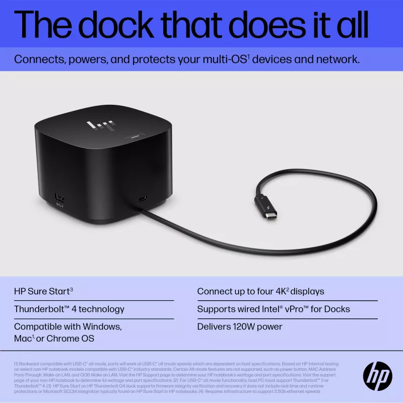 HP Thunderbolt Dock 120W G4, laidinis, Thunderbolt 4, juodas, Kensington, Kinija, Tailandas, Taivanas, verslui