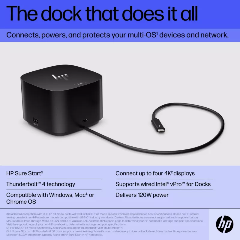 HP Thunderbolt Dock 120W G4, laidinis, Thunderbolt 4, juodas, Kensington, Kinija, Tailandas, Taivanas, verslui