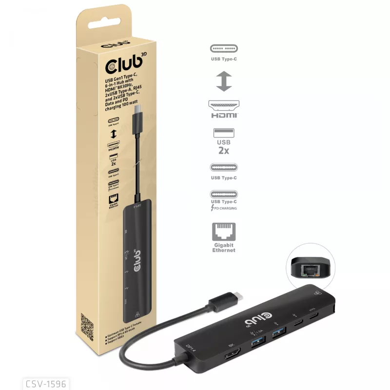 CLUB3D USB Gen1 Type-C, 6-in-1 Hub su HDMI 8K30Hz, 2xUSB Type-A, RJ45 ir 2xUSB Type-C, duomenų ir PD įkrovimas 100 W