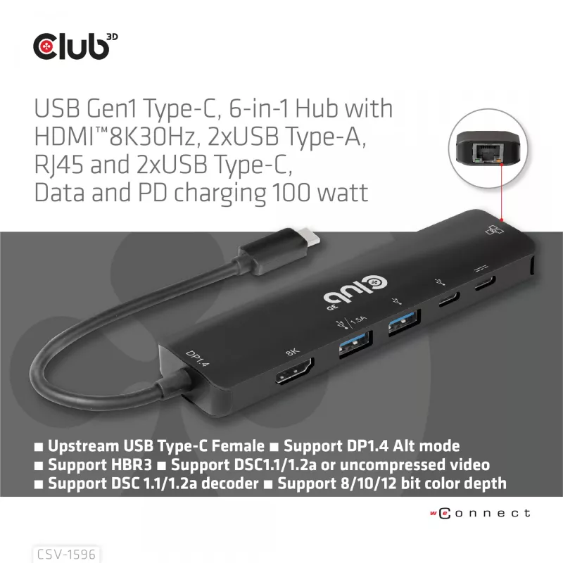 CLUB3D USB Gen1 Type-C, 6-in-1 Hub su HDMI 8K30Hz, 2xUSB Type-A, RJ45 ir 2xUSB Type-C, duomenų ir PD įkrovimas 100 W