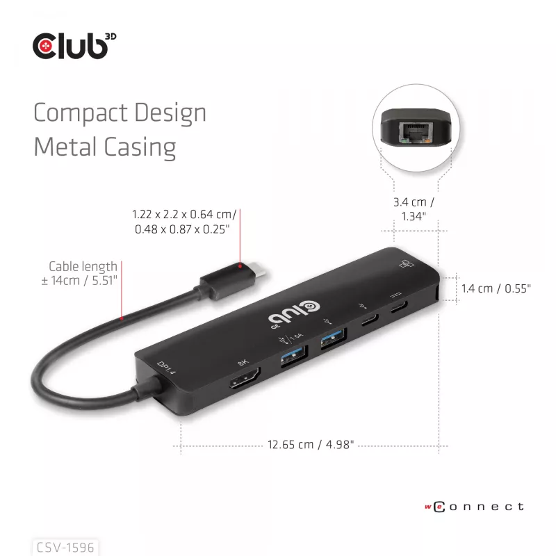 CLUB3D USB Gen1 Type-C, 6-in-1 Hub su HDMI 8K30Hz, 2xUSB Type-A, RJ45 ir 2xUSB Type-C, duomenų ir PD įkrovimas 100 W
