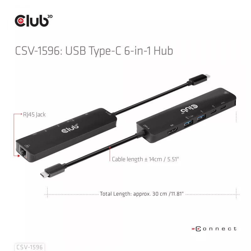 CLUB3D USB Gen1 Type-C, 6-in-1 Hub su HDMI 8K30Hz, 2xUSB Type-A, RJ45 ir 2xUSB Type-C, duomenų ir PD įkrovimas 100 W