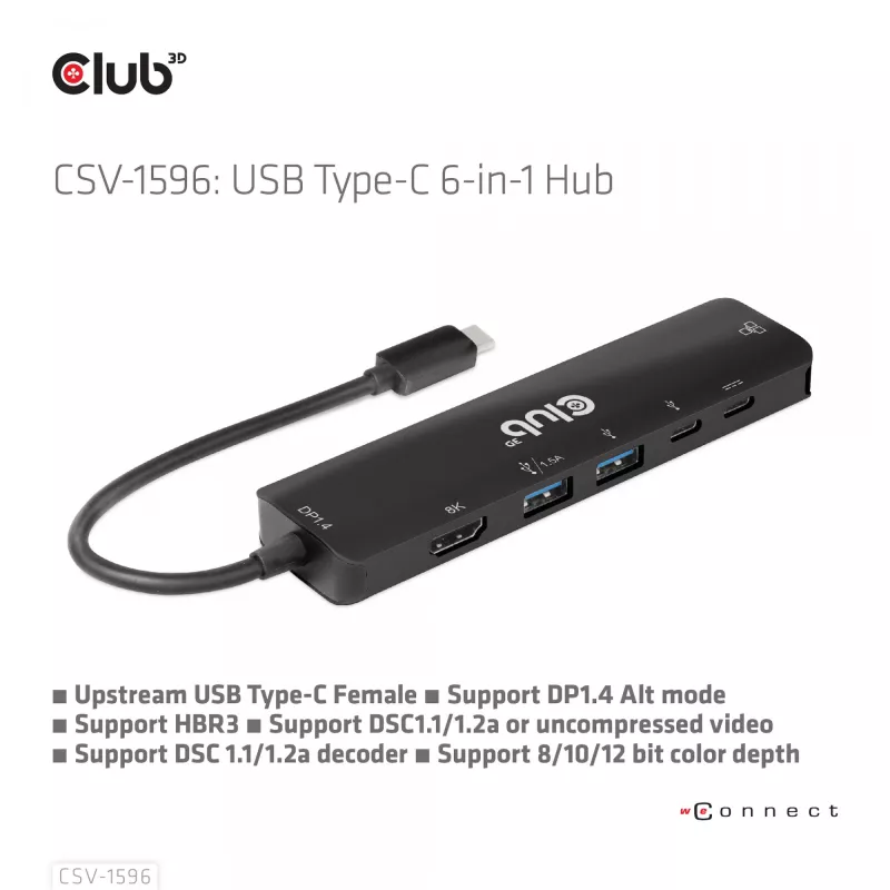 CLUB3D USB Gen1 Type-C, 6-in-1 Hub su HDMI 8K30Hz, 2xUSB Type-A, RJ45 ir 2xUSB Type-C, duomenų ir PD įkrovimas 100 W
