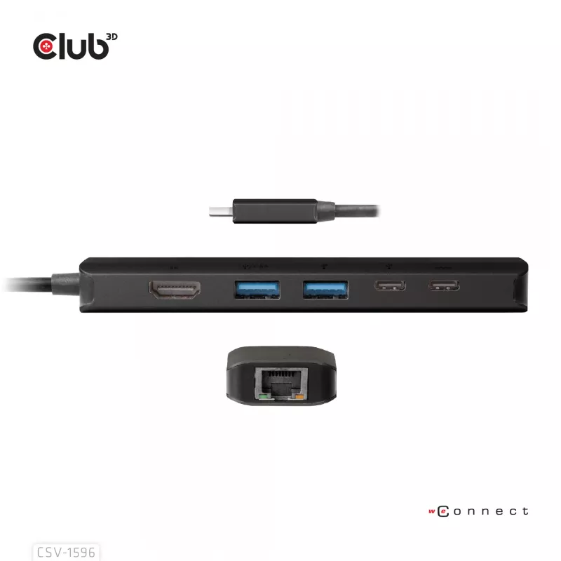 CLUB3D USB Gen1 Type-C, 6-in-1 Hub su HDMI 8K30Hz, 2xUSB Type-A, RJ45 ir 2xUSB Type-C, duomenų ir PD įkrovimas 100 W