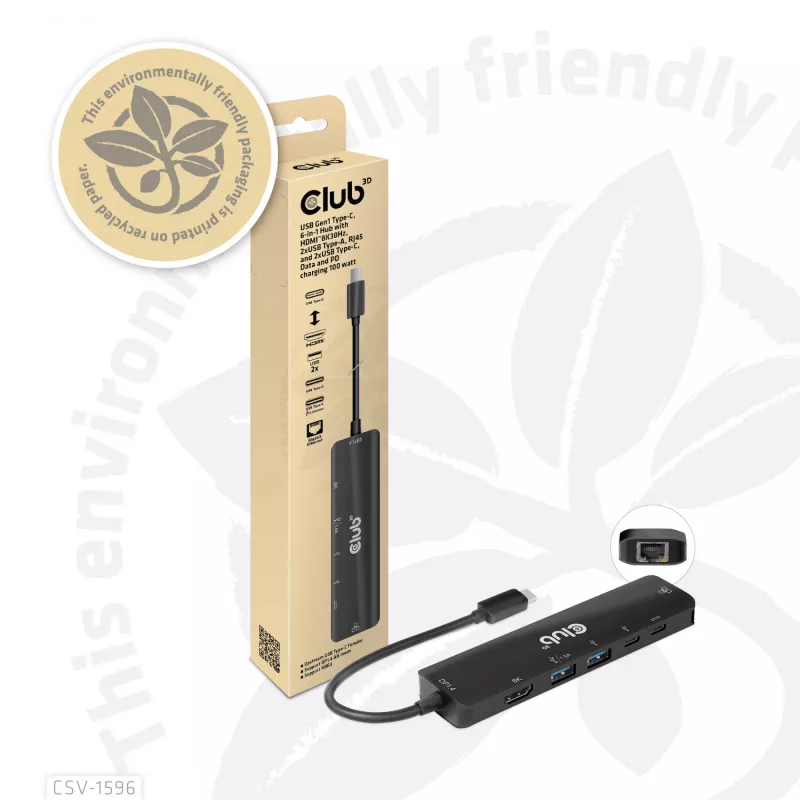 CLUB3D USB Gen1 Type-C, 6-in-1 Hub su HDMI 8K30Hz, 2xUSB Type-A, RJ45 ir 2xUSB Type-C, duomenų ir PD įkrovimas 100 W