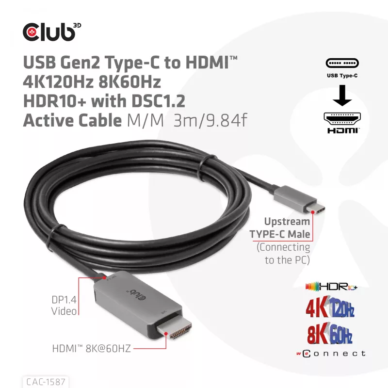CLUB3D USB Gen2 Type-C į HDMI 4K120Hz 8K60Hz HDR10 su DSC1.2 aktyvus laidas M/M 3m / 9.84ft