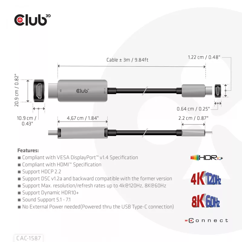 CLUB3D USB Gen2 Type-C į HDMI 4K120Hz 8K60Hz HDR10 su DSC1.2 aktyvus laidas M/M 3m / 9.84ft