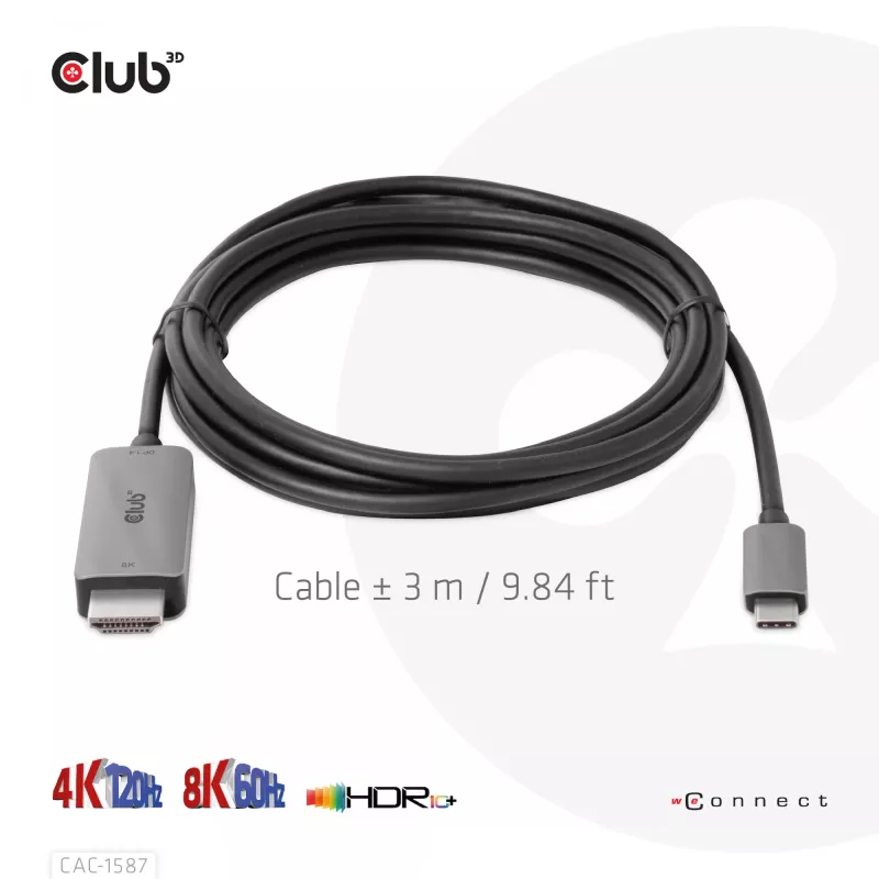 CLUB3D USB Gen2 Type-C į HDMI 4K120Hz 8K60Hz HDR10 su DSC1.2 aktyvus laidas M/M 3m / 9.84ft