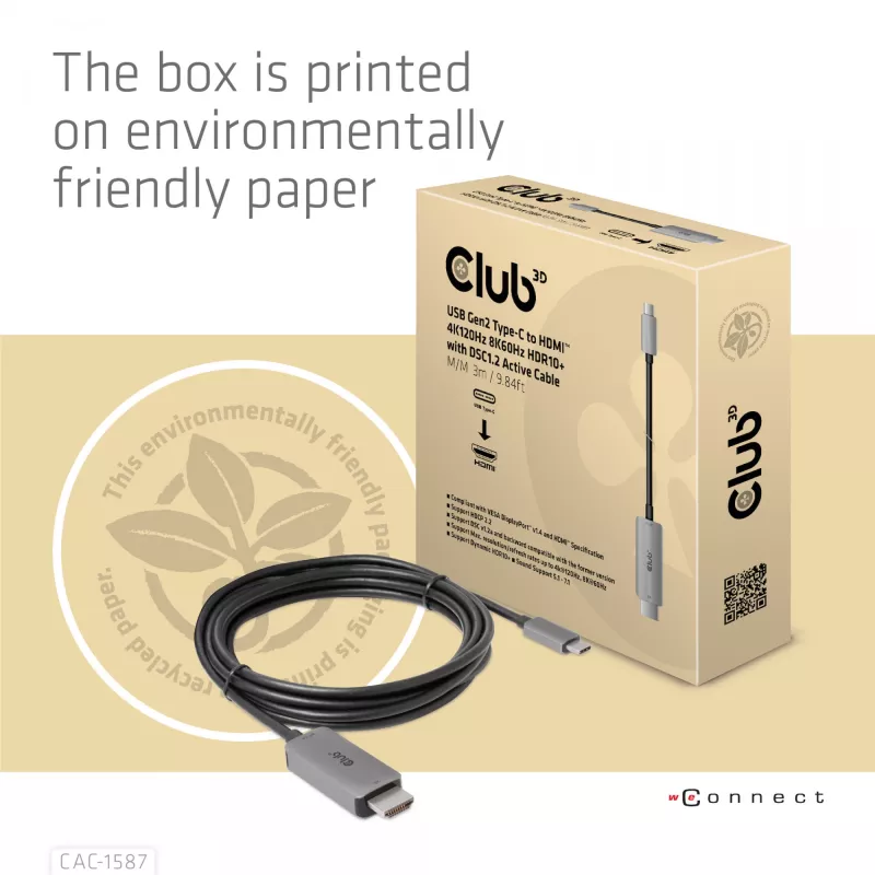 CLUB3D USB Gen2 Type-C į HDMI 4K120Hz 8K60Hz HDR10 su DSC1.2 aktyvus laidas M/M 3m / 9.84ft