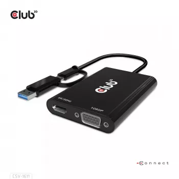 CLUB3D USB Gen1 Type-C/-A į dvigubą HDMI (4K/30Hz) / VGA (1080/60Hz)