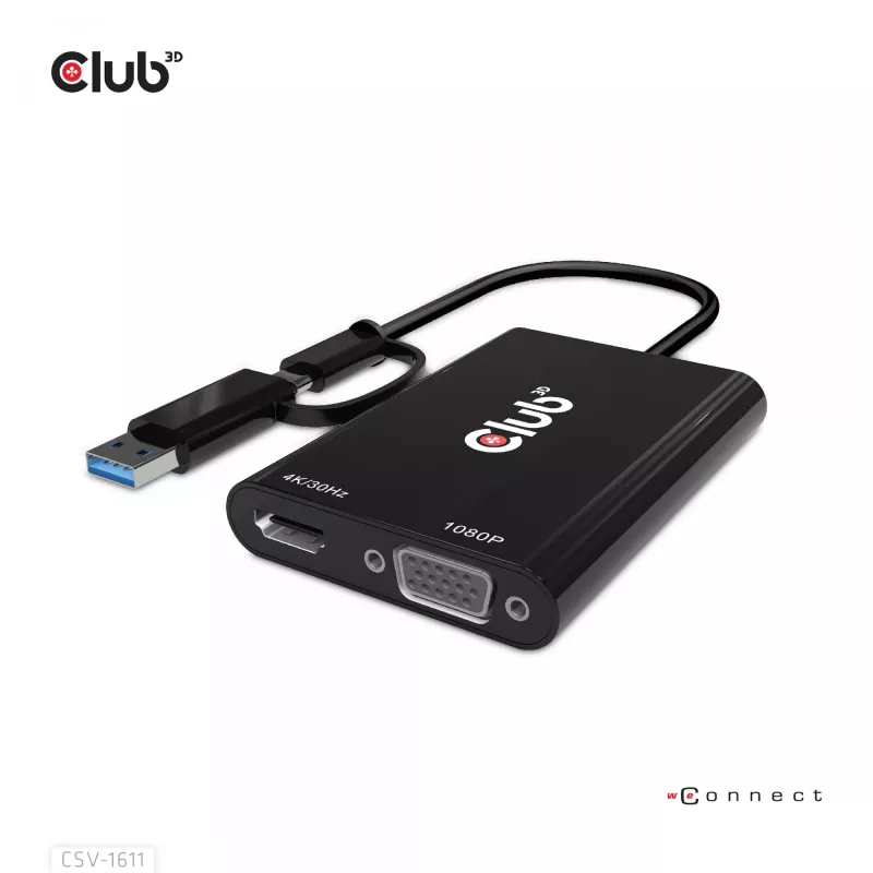CLUB3D USB Gen1 Type-C/-A į dvigubą HDMI (4K/30Hz) / VGA (1080/60Hz)