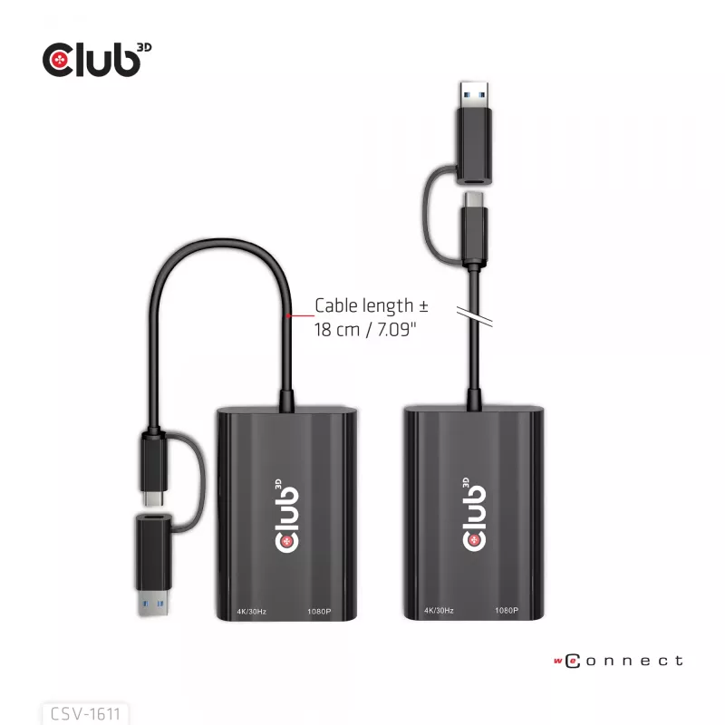 CLUB3D USB Gen1 Type-C/-A į dvigubą HDMI (4K/30Hz) / VGA (1080/60Hz)
