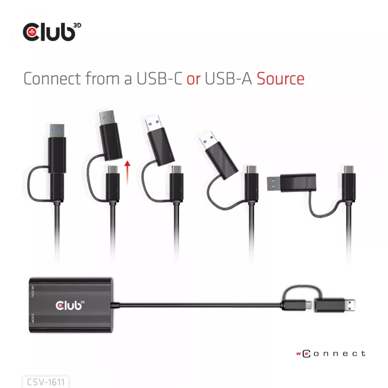 CLUB3D USB Gen1 Type-C/-A į dvigubą HDMI (4K/30Hz) / VGA (1080/60Hz)