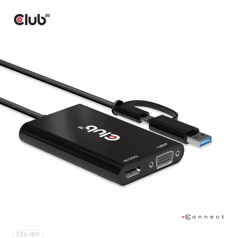 CLUB3D USB Gen1 Type-C/-A į dvigubą HDMI (4K/30Hz) / VGA (1080/60Hz)