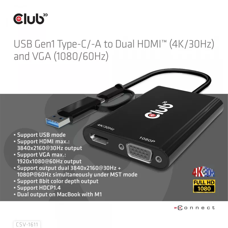 CLUB3D USB Gen1 Type-C/-A į dvigubą HDMI (4K/30Hz) / VGA (1080/60Hz)