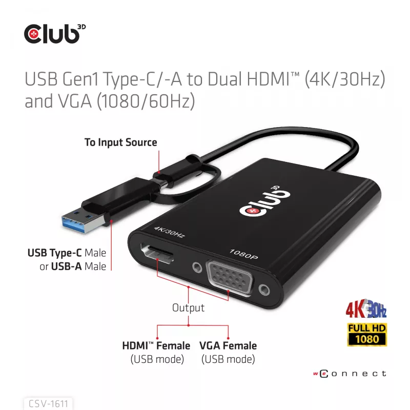 CLUB3D USB Gen1 Type-C/-A į dvigubą HDMI (4K/30Hz) / VGA (1080/60Hz)