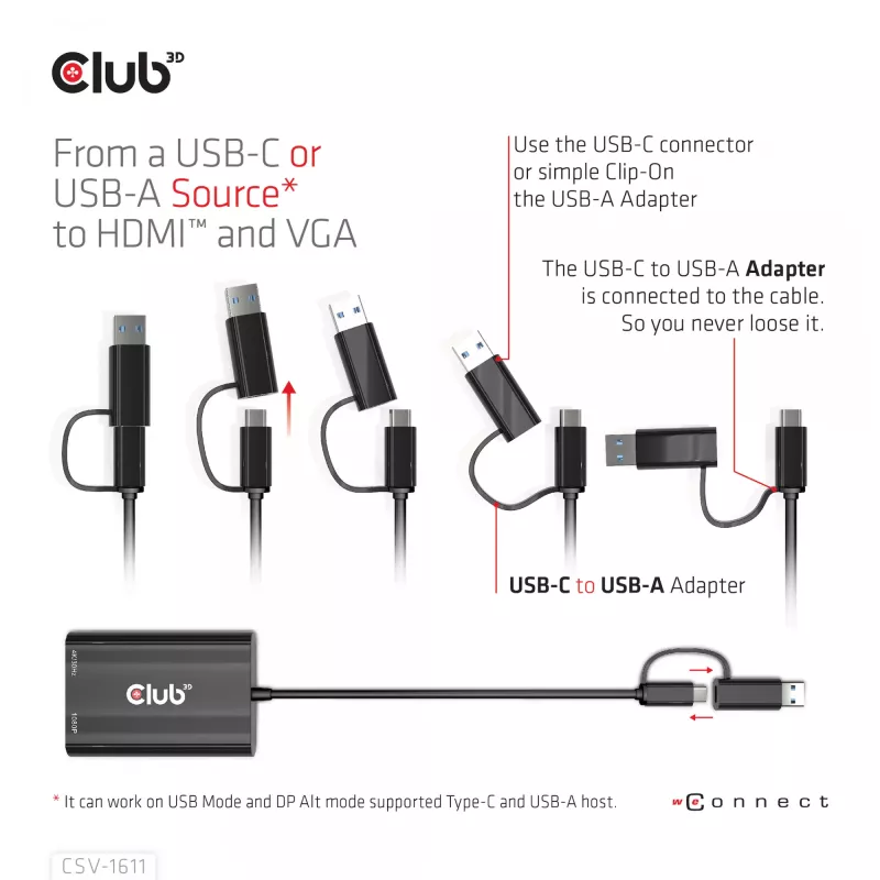 CLUB3D USB Gen1 Type-C/-A į dvigubą HDMI (4K/30Hz) / VGA (1080/60Hz)