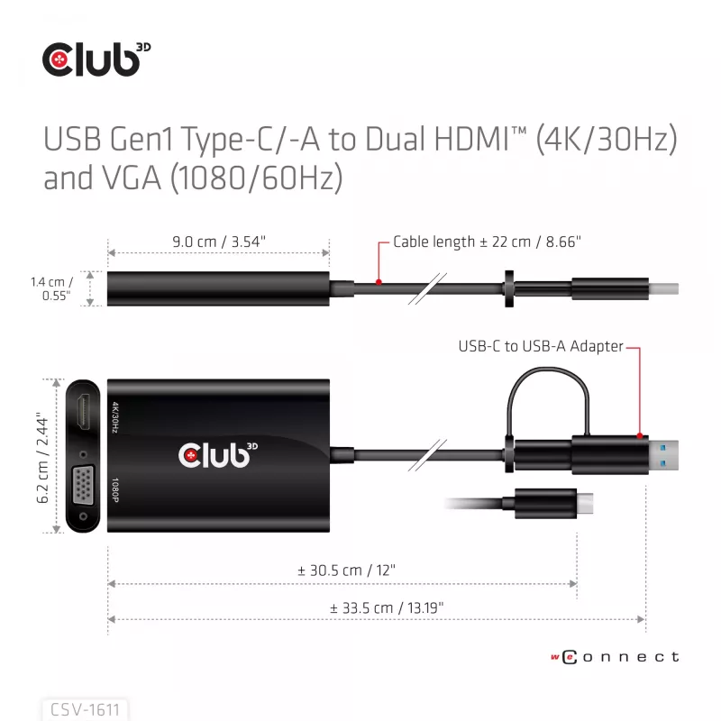 CLUB3D USB Gen1 Type-C/-A į dvigubą HDMI (4K/30Hz) / VGA (1080/60Hz)