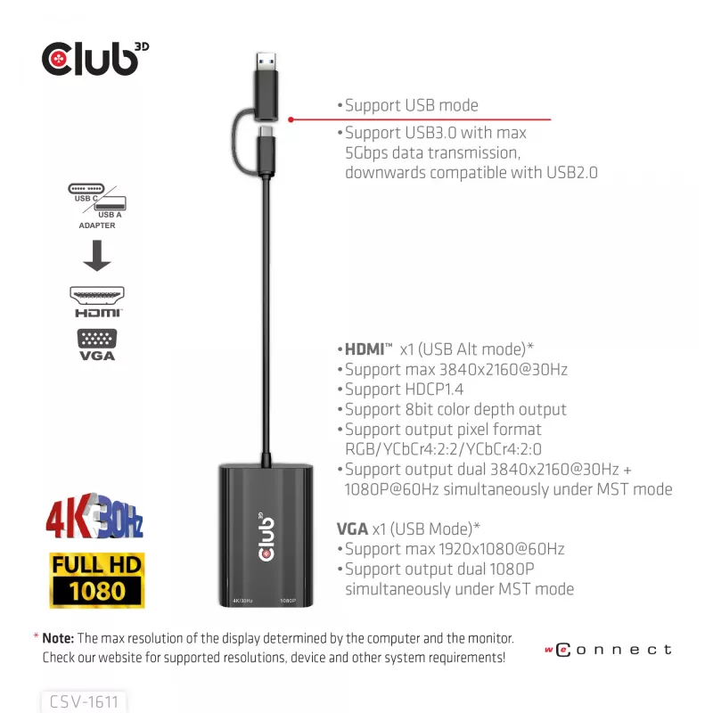 CLUB3D USB Gen1 Type-C/-A į dvigubą HDMI (4K/30Hz) / VGA (1080/60Hz)