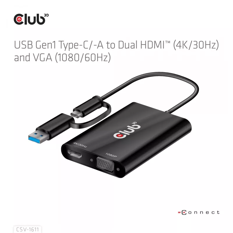 CLUB3D USB Gen1 Type-C/-A į dvigubą HDMI (4K/30Hz) / VGA (1080/60Hz)
