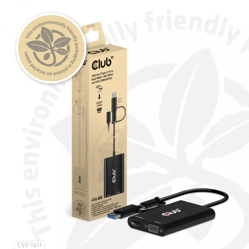 CLUB3D USB Gen1 Type-C/-A į dvigubą HDMI (4K/30Hz) / VGA (1080/60Hz)