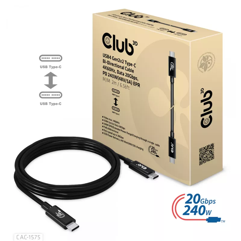 CLUB3D USB4 Gen2x2 Type-C dvikryptis kabelis 4K60Hz, duomenys 20Gbps, PD 240W(48V/5A) EPR M/M 2m