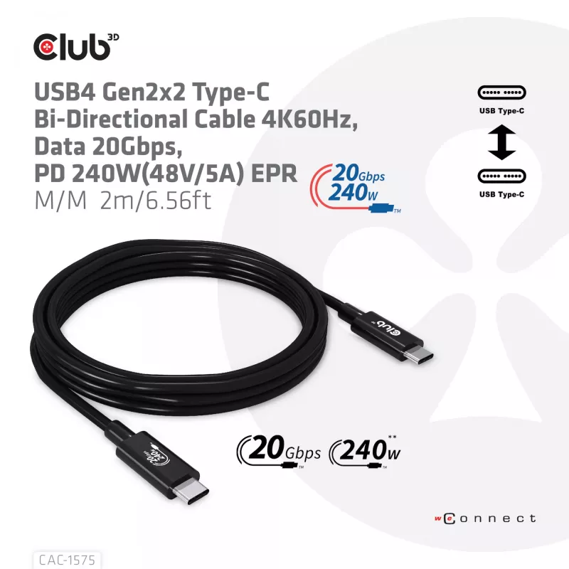 CLUB3D USB4 Gen2x2 Type-C dvikryptis kabelis 4K60Hz, duomenys 20Gbps, PD 240W(48V/5A) EPR M/M 2m