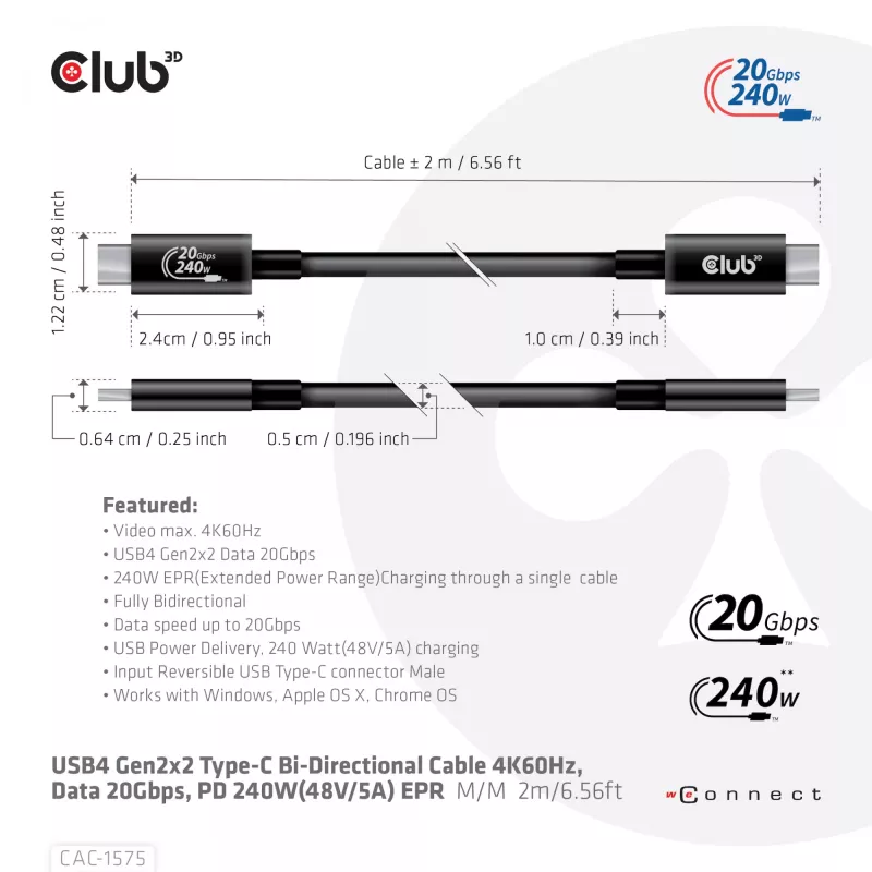 CLUB3D USB4 Gen2x2 Type-C dvikryptis kabelis 4K60Hz, duomenys 20Gbps, PD 240W(48V/5A) EPR M/M 2m