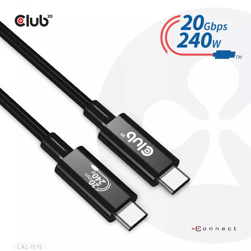 CLUB3D USB4 Gen2x2 Type-C dvikryptis kabelis 4K60Hz, duomenys 20Gbps, PD 240W(48V/5A) EPR M/M 2m