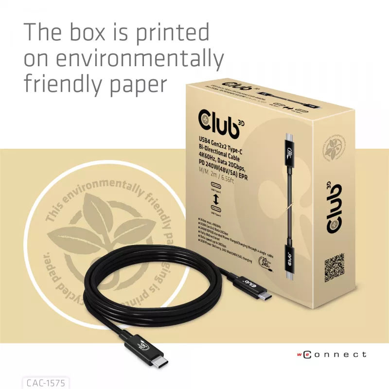 CLUB3D USB4 Gen2x2 Type-C dvikryptis kabelis 4K60Hz, duomenys 20Gbps, PD 240W(48V/5A) EPR M/M 2m