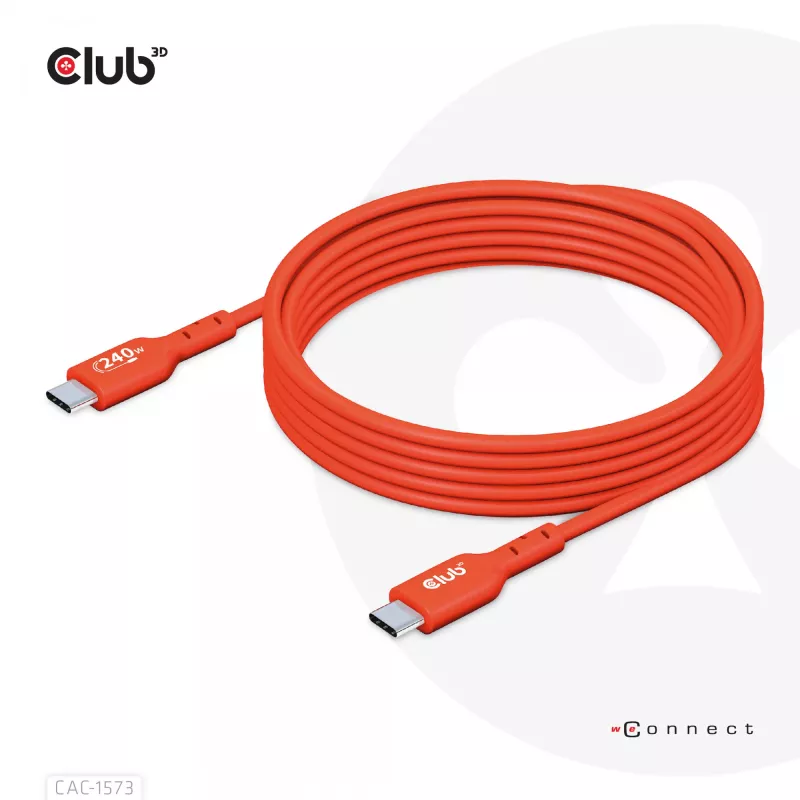 USB-C–USB-C dvikryptis kabelis CLUB3D CAC-1573, USB4 Gen 2x2, 2 m, raudonas, PD iki 240 W