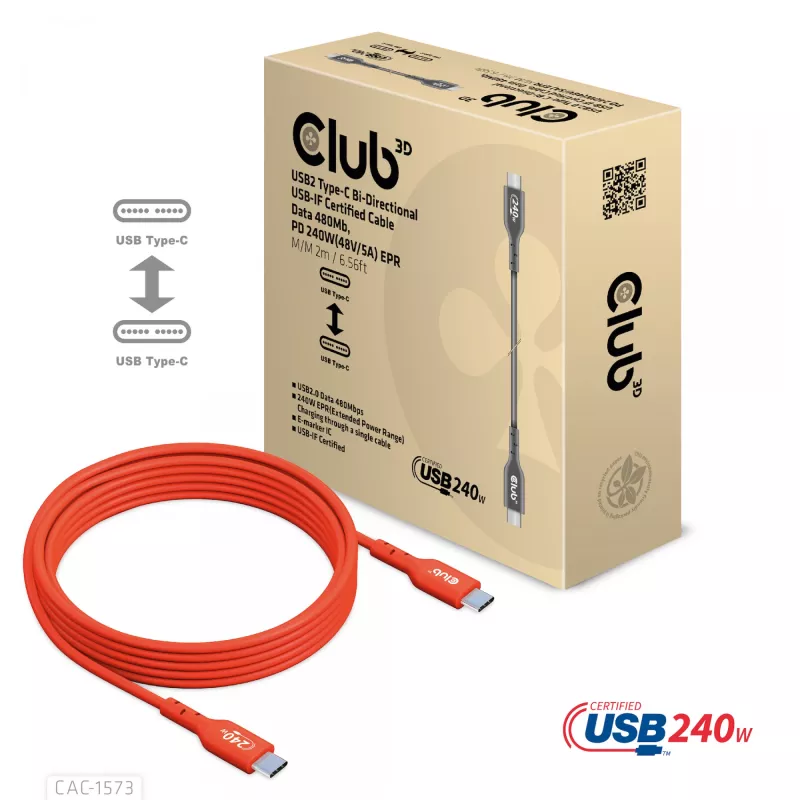 USB-C–USB-C dvikryptis kabelis CLUB3D CAC-1573, USB4 Gen 2x2, 2 m, raudonas, PD iki 240 W