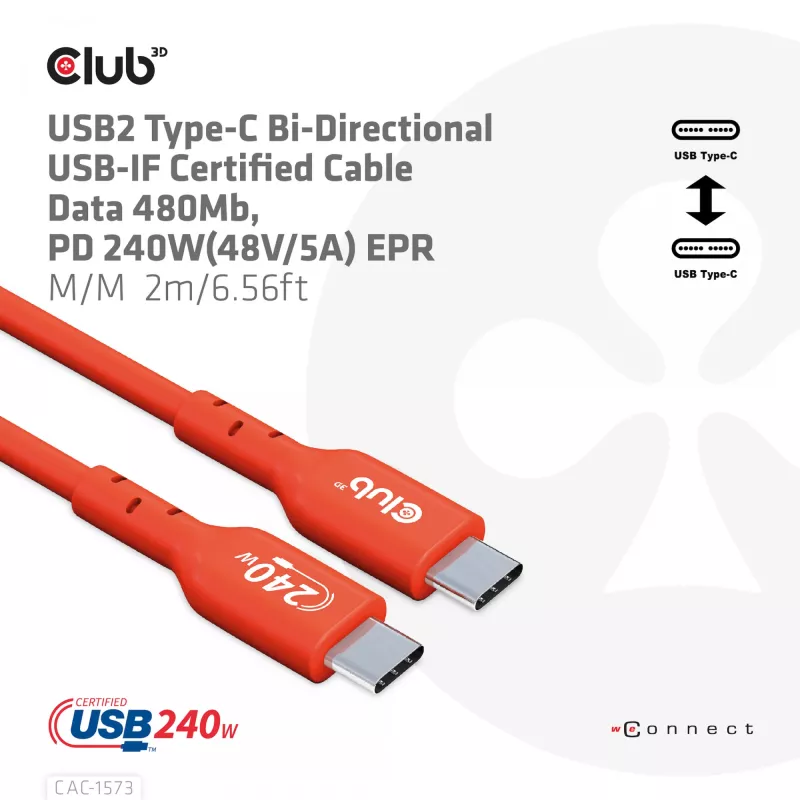 USB-C–USB-C dvikryptis kabelis CLUB3D CAC-1573, USB4 Gen 2x2, 2 m, raudonas, PD iki 240 W