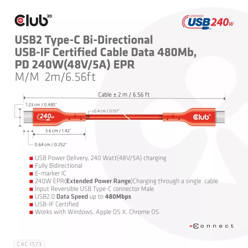 USB-C–USB-C dvikryptis kabelis CLUB3D CAC-1573, USB4 Gen 2x2, 2 m, raudonas, PD iki 240 W