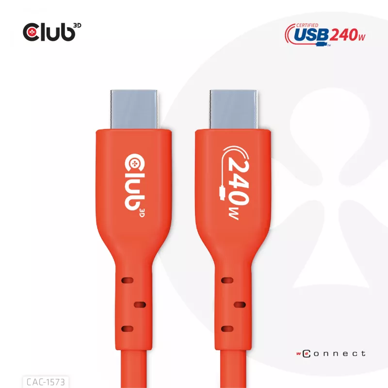 USB-C–USB-C dvikryptis kabelis CLUB3D CAC-1573, USB4 Gen 2x2, 2 m, raudonas, PD iki 240 W